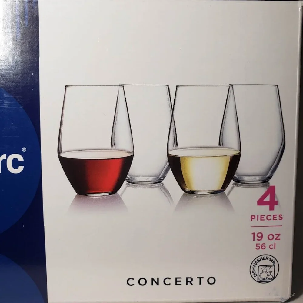 NEW set of 4 Luminarc glass stem less wine glasses cups Barware 19 ounces Comes